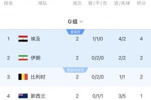 G组积分榜：埃及4分登顶，伊朗、比利时同积2分，新西兰垫底